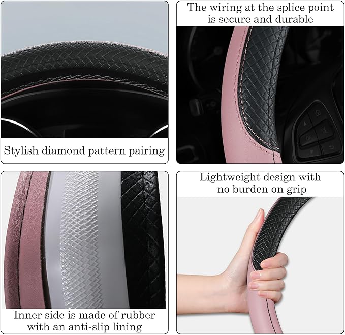 Black & Pink Car Steering Wheel Cover, Microfiber, Leather Patchwork, Universal 14.5-15 Inch Leather Anti-Slip Breathable Auto Steering Wheel Covers for Men Women
