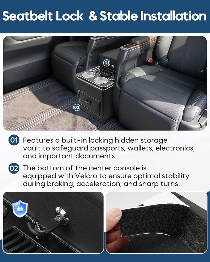 Center Console Between Seat with a Lock, Upgraded Center Console Organizer for Minivans, Truck & Motorhome, with Fast Phone Charging, 7-Color Adjustable LED Lighting and Cup & Phone Holder
