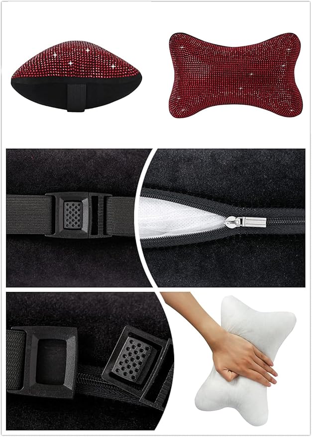 2 Pack Women Neck Pillow for Car Seat Driving Girl Burgundy Red, Auto Seat Headrest Cushion Driver Head Relax Neck Support Crystal Rhinestone Diamond Bling Christmas Car Accessories