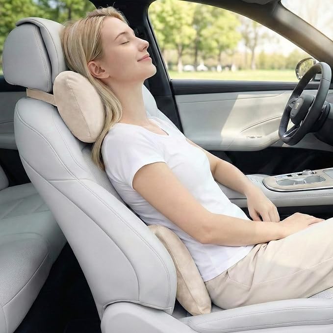 2PCS Car Pillow for Car Neck Pillow for Driving Seat Leather Neck Support Soft Cushion Back Support Head-Rests for Vehicle Sleeping with Elastic Adjustment Strap (Beige, Head and Lumbar)
