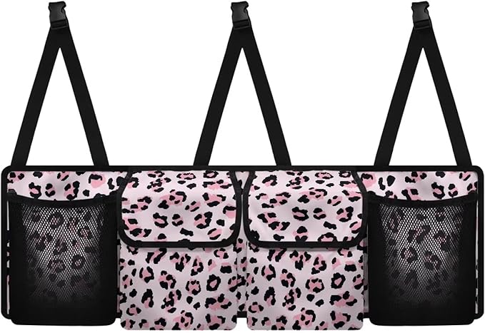 SEANATIVE Pink Leopard Print Car Trunk Organizer, Backseat Hanging Organizer with 4 Pockets, Waterproof Collapsible Cargo Storage Bag, Car Interior Accessories Car Seat Organizer for SUV, Truck