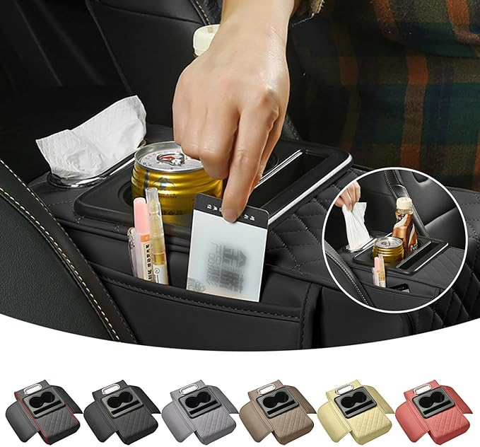 Car Armrest Box Mat, 5-in-1 Center Console Cover Cushion with Cup Holder Tissue Slot, Universal PU Leather Car Box Pad for Sedans Car Accessories Interior Organizers (Multi F06)