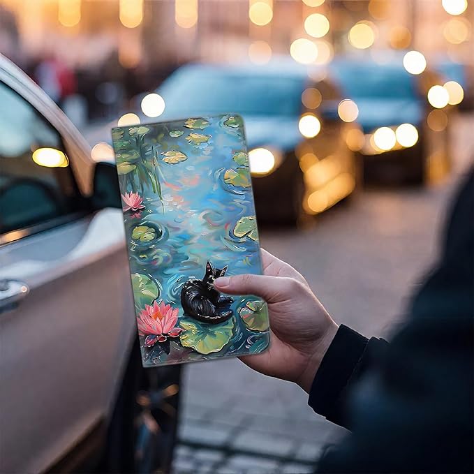 Car Registration and Insurance Card Holder for Women Men, Waterproof PU Leather Glove Box Car Organizer with Magnetic Shut, Vehicle Document Holder for Driver License,Cards, Black Cat in Water Lily