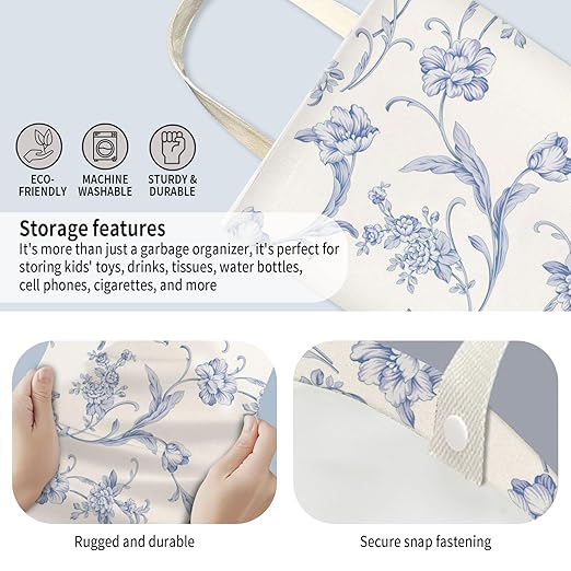 AUEKLLW Car Trash Can, Hanging Garbage Bin for Men and Women, Cute Car Organizer and Storage Bag, Canvas Vehicle Trash Can Bag Easy-to-Install Cute Blue Floral