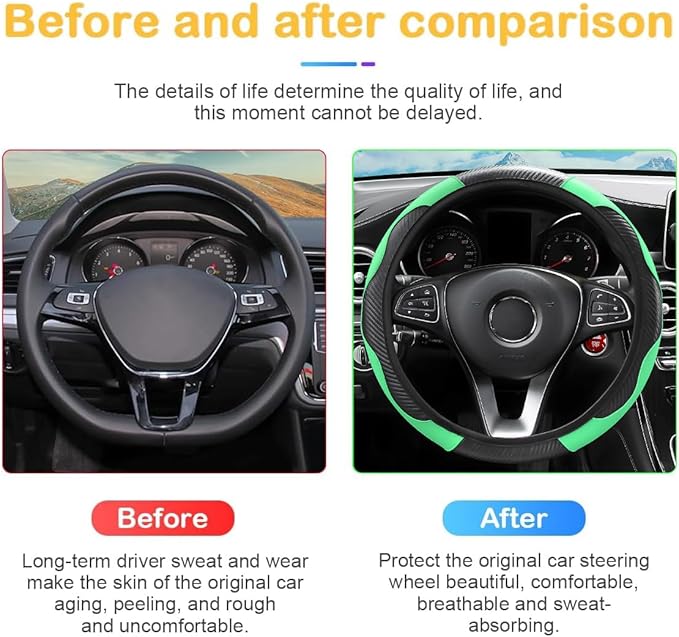 Car Steering Wheel Cover, 15 inch Carbon Fiber Microfiber PU Leather Elastic Steering Wheel Protector for Men Women, Anti-Slip Breathable Car Interior Accessories for Most Cars (Green)