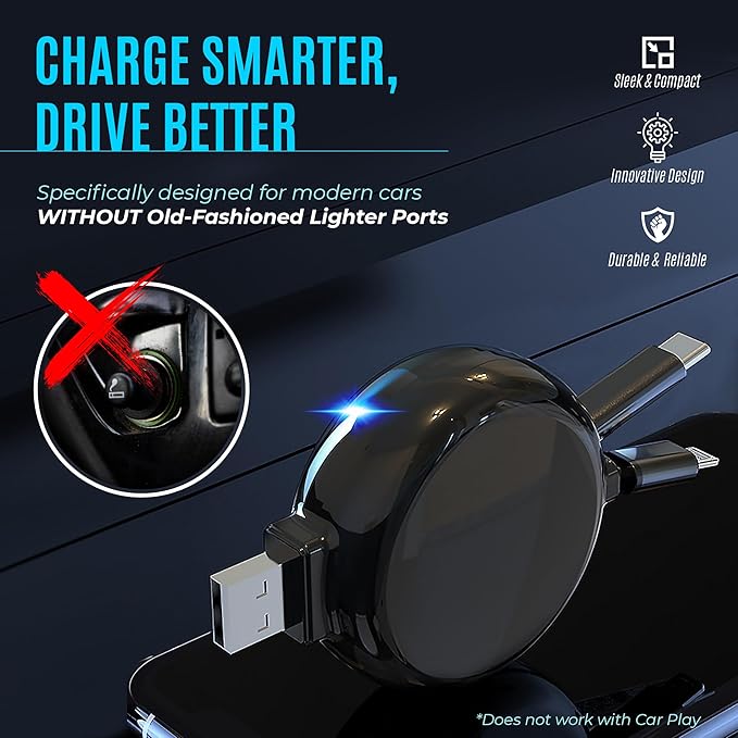 2-in-1 Retractable Charger for Car iPhone and Android, Wall Outlet or PC | Modern Car Charger Retractable Cord | 15W Fast Charging | Does not Work with CarPlay