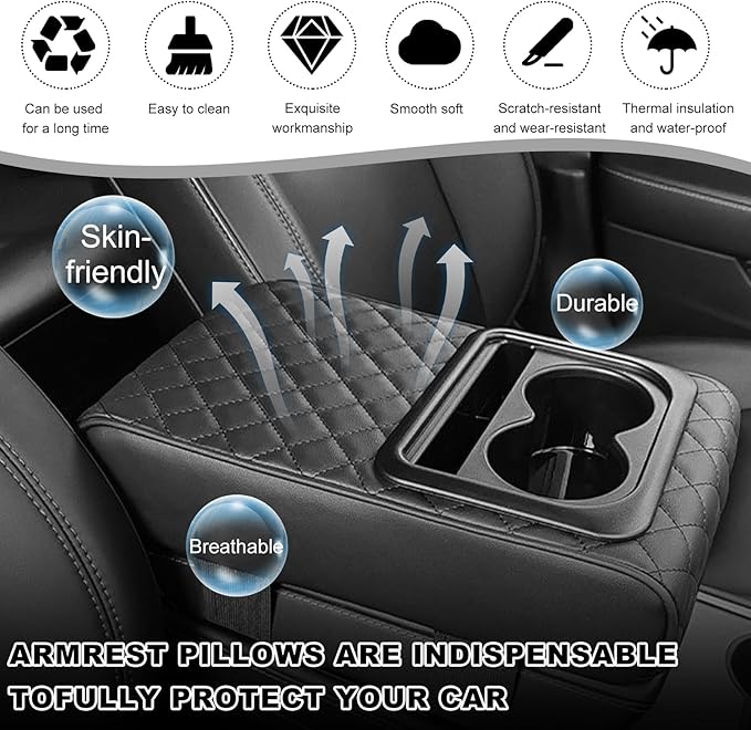 Car Center Console Armrest Pillow, 14.0"×8.3" Soft Memory Foam Armrest Cushion with Cup Holder Storage Bag, Waterproof Leather Vehicle Arm Rest Booster Pad for Most Cars (Diamond Pattern)