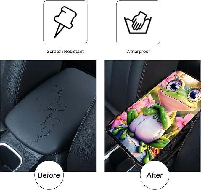 JANENFNA Car Armrest Cover Pads Universal Fashion Cute Auto Center Console Armrest Cover Pad with 2PCS Car Coasters Soft Waterproof Car Armrest Seat Protector for Women,Pink Flower Frog