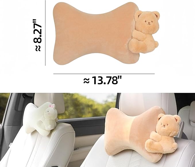 Car Headrest Pillow 2PCS Plush Bear ＆ Bunny Car Seat Headrest Pillow - Memory Foam Neck Support Cushions for Comfortable Driving, Easy Install & Washable (Brown Bear)