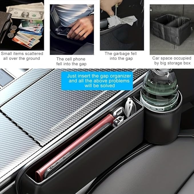 Car Seat Gap Filler Organizer with Cup Holders, Seat Gap Storage Box for Drinks, Phones, Keys, Sunglasses, Cards, and Small Essentials (Black, Driver's Seat)
