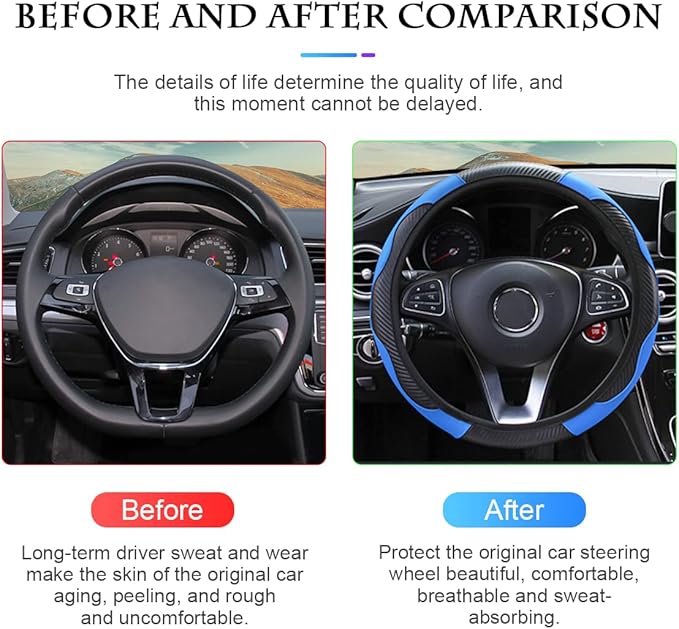 Car Steering Wheel Cover, Universal Microfiber PU Leather Elastic 15 inch Stitching Color Anti-Slip Steering Wheel Protector, Car Interior Accessories Steering Wheel Cover for Men Women (Blue)