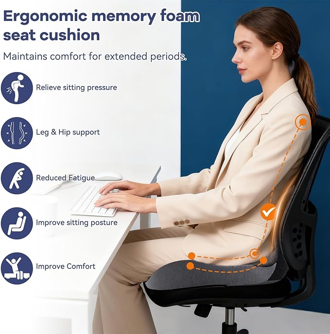 Ergonomic Seat Cushion for Office Chair & Car - Memory Foam Car Cushions for Driving with L-Shaped Design, Adjustable Strap, Non-Slip Bottom - Orthopedic Pad for Truck Driver (Dark Grey)