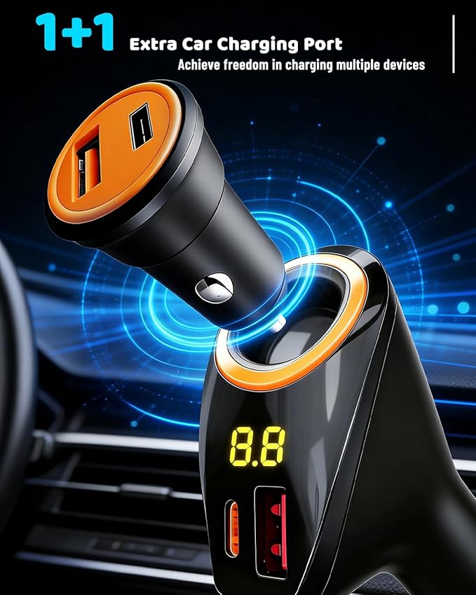 Cigarette Lighter Splitter, 4-in-1 Cigarette Lighter Adapter with 65W USB C PD3.0 & 22.5W QC3.0 Fast Charging + LED Voltage Display & Expandable 12V Socket Car Charger for iPhone 17/16/15 Samsung S25