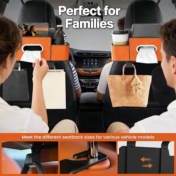 ROVIA Multifunctional 3‑in‑1 Car Seat Back Storage Box Organizer with Cup Holders, Tissue Box Slot & Headrest Hooks – Backseat Car Organizer for Phones, Snacks, Drinks, Bags, Travel Storage (White)