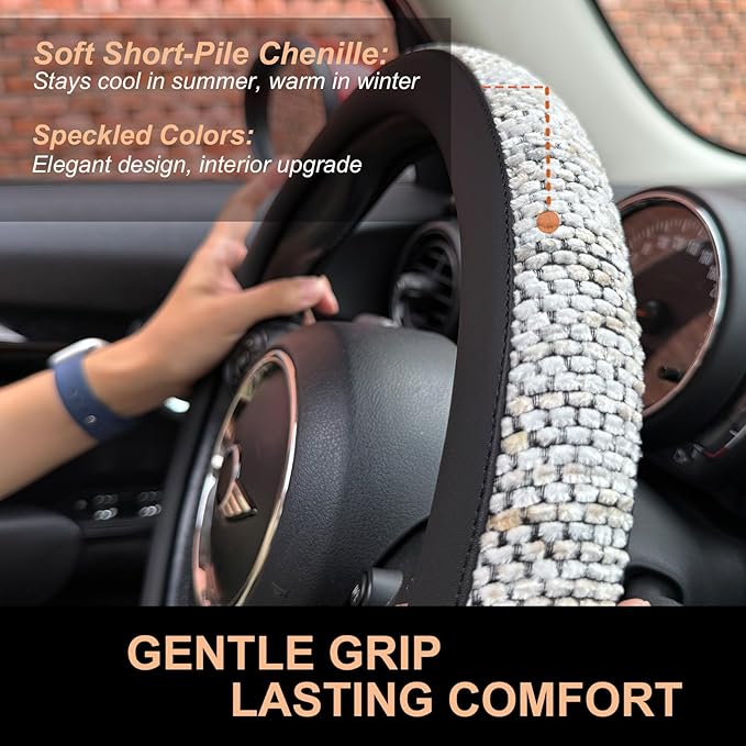 PINCTROT Chenille Leather Steering Wheel Cover, Soft Mottled Colors, Sweat-Proof, Non-Slip Grip, All-Season Comfort, Universal 14.5-15 Inch(Mottled White)