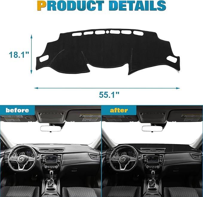 x xotic tech Center Console Dashboard Mat Pre-Cut Non-Slip Sunshield Sun Glare Protector Dash Carpet Pad Black Cover Compatible with Nissan Rogue 2014-2020