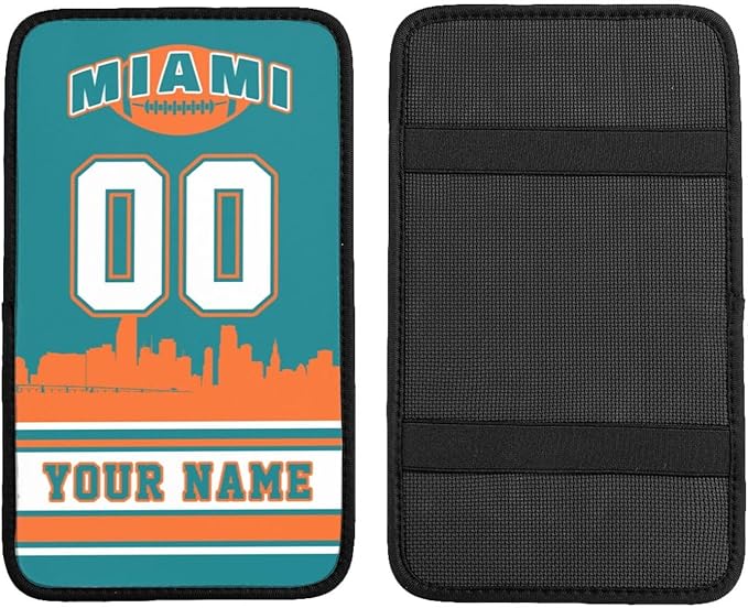 Custom Miami Car Armrest Covers Personalized Football Style with Name Number Customized Auto Center Console Pad Car Handrail Box Cushion for Most Vehicle Decor Accessories, Fans Gift