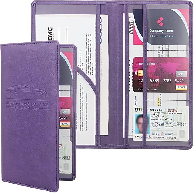 Car Registration and Insurance Holder, Premium Leather Insurance and Registration Holder,vehicle Glove Box Car Organizer, with Magnetic Shut for Cards, Driver License (Purple)