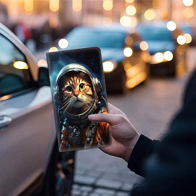 Car Document Holder with Magnetic Shut, Car Registration & Insurance Card Holder, PU Leather Glove Box Organizer Vehicle Accessories Driver License for Women/Men, Astronaut Cat Space Galaxy