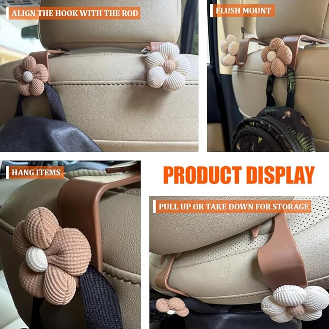 4PCS Car Headrest Hooks, Purse Hook for Car, Cute Flower Auto Backseat Organizer Hanger for Purse Grocery Bag Coat, Auto Seat Back Organizer Storage Hanger Holder Fit Vehicles (Orange)