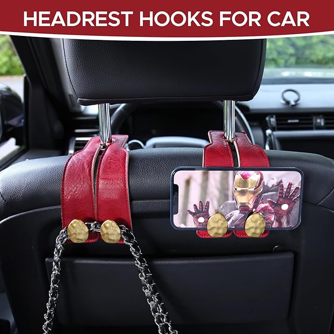 URIZZD 4 PCS Leather Car Seat Hooks for Headrest, Vehicle Hanger Storage Organizer Universal for Handbag Purse, Car Accessories Gift (Red-Gold-4 PCS)