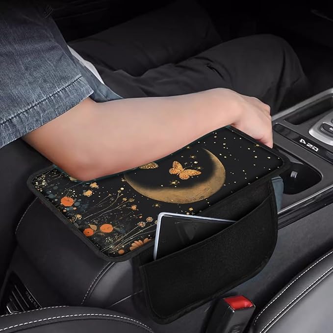 Dreaweet Moon Butterfly Floral Armrest Cover for Car Non Slip Car Center Console Cover Comfortable Auto Armrest Pad Cushion Protector Mat Suitable for Truck SUV