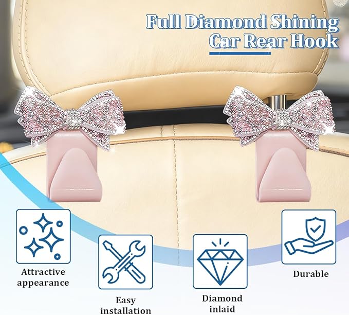 2PCS Bling Bow Car Seat Headrest Hook, Lovely Crystal Rhinestone Back Seat Storage Organizer for Handbag Purse Coat, Girly Sparkling Diamond Backseat Bag Hanger Holder, Universal Fit (Pink)