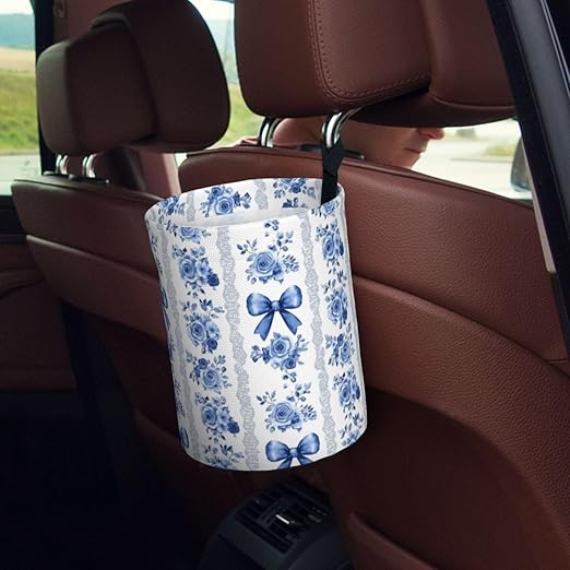 Blue Floral Lace Ribbon Car Trash Can Leak-Proof Waterproof Hanging Trash Bin Collapsible Garbage Can for Car Accessories Travelling Camping