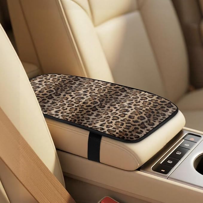Psesaysky 5 Pcs Car Interior Set Leopard Cheetah Print Auto Front Seat Cover Soft Seatbelt Covers Center Console Armrest Pad Universal Car Accessories Fit Car SUV Auto Truck