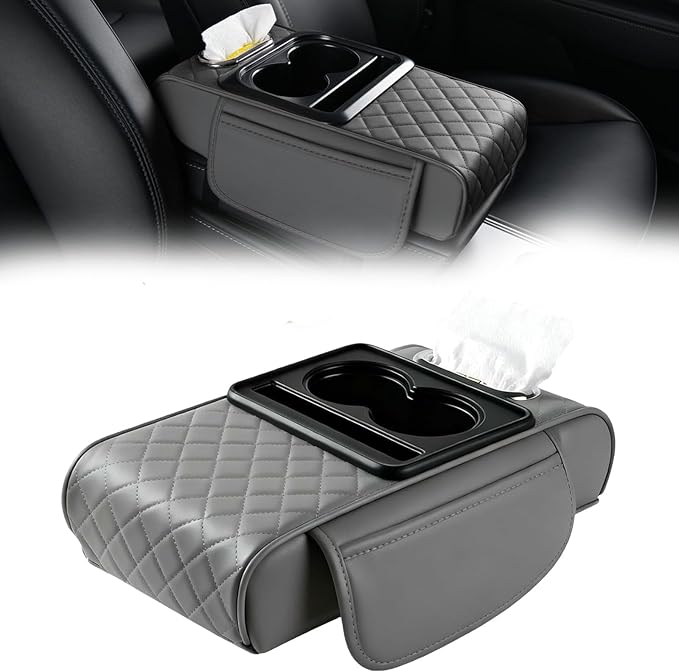 Multifunctional PU Leather Car Armrest Box Mat Organizer with Cup Holders, Universal 5-in-1 Car Armrest Storage Box Mat with Central Elbow for Most Cars (Gray)