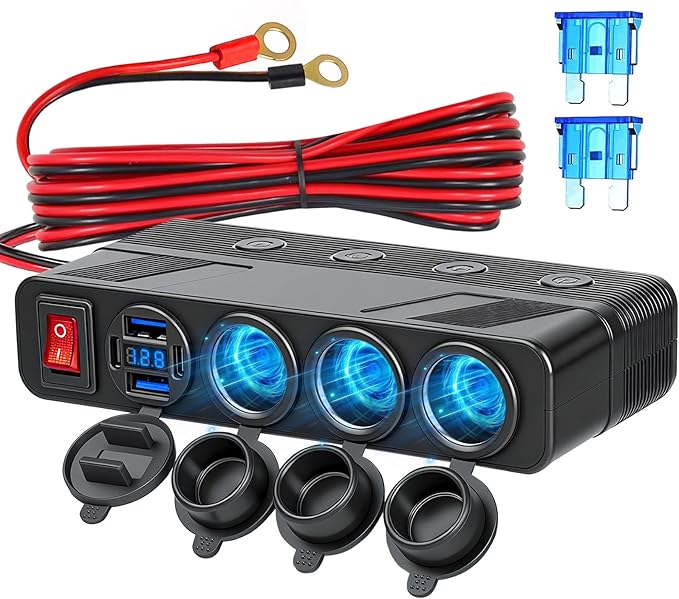 7 in 1 Cigarette Lighter Socket Splitter, 3 Socket Car Charger Adapter with 4 Ports PD66W/QC18W USB Outlet | Independent Switches | Digital Voltmeter, 12V/24V Power Outlet for All Car Devices