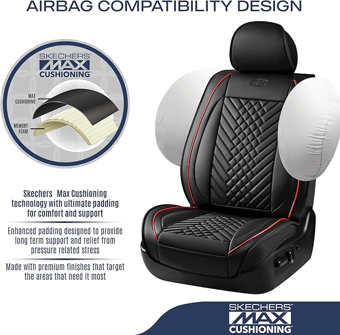 Skechers MAX Cushioning Car Seat Covers,Memory Foam Piping Leather Seat Covers,Waterproof Car Seat Protector Full Set,Car Seat Cushion Airbag Universal Fit for Most Cars,Vans,Trucks,SUV,Red