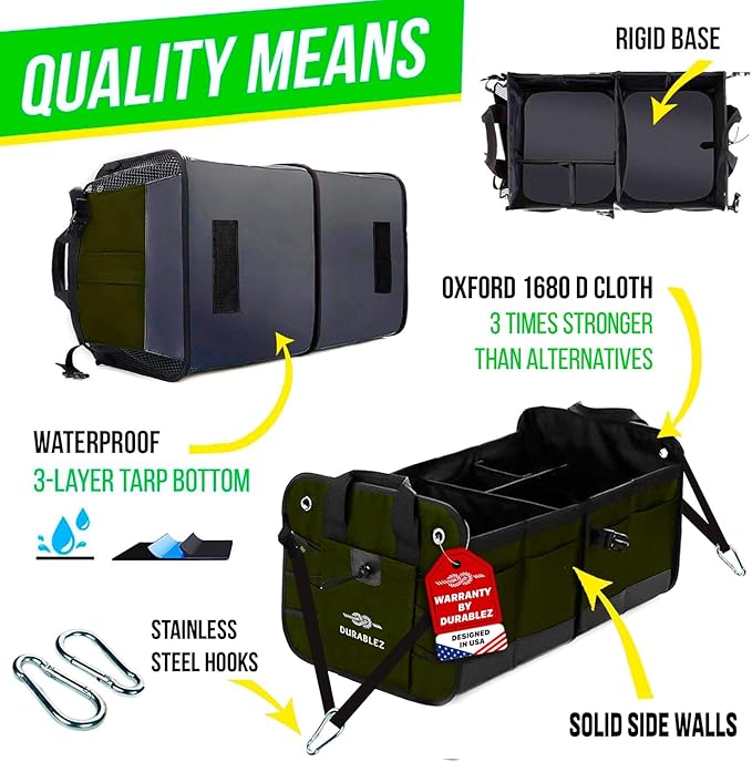 DURABLEZ 2-Section Trunk Organizer Foldable Car Storage Bin – Compact Dual-Compartment Auto Organizer with Cover Net, Non-Slip Pads, Heavy Duty Oxford 1680D – Black
