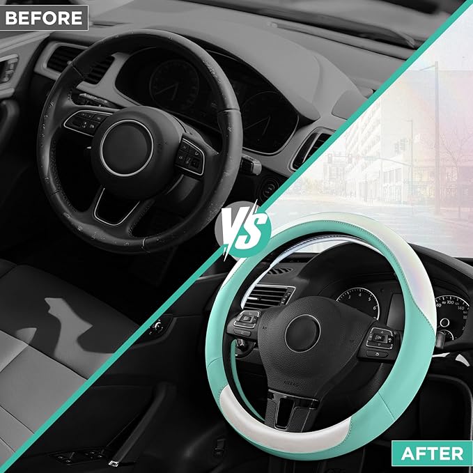 Road Comforts Steering Wheel Cover – Breathable Leather Steering Wheel Cover, Anti-Slip Grip, Universal Fit 14.5” to 15”, Heat & Cold Resistant for Cars, SUVs, and Trucks –Shining White & Mint