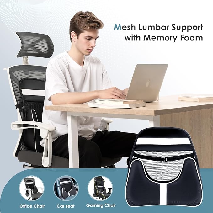 FLORICH Memory Foam Double Layer Breathable Mesh Lumbar Support Ergonomic Leather Lumbar Support Pillow with 3D Mesh Back Support and Adjustable Strap for CarSeat & Office Chair(Leather Black)