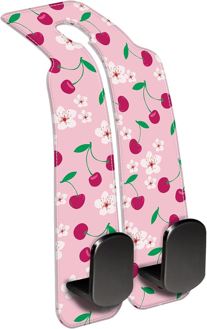 AEWNUNK Car Headrest Purse Hanger Cute Floral and Pink Cherries 1 Pack Bag Purse Holder for Car Premium Leather Double Metal Hook for Handbags, Grocery Bags and Phones