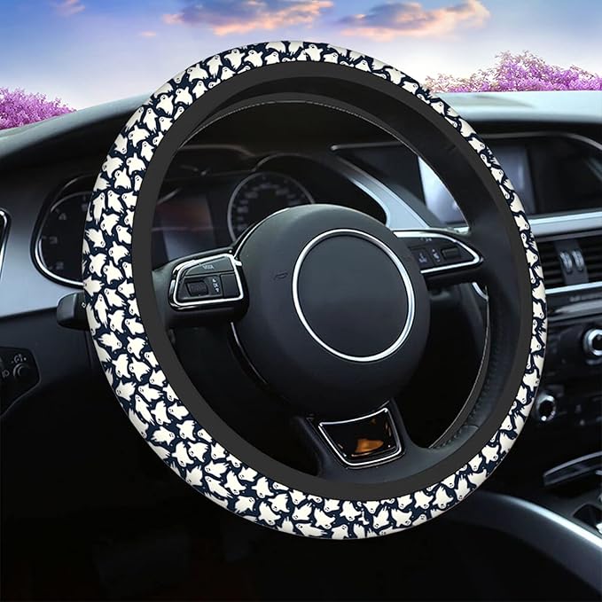 Swono Steering Wheel Covers Cute Ghosts, Halloweeen Funny Dancing Ghosts Non Slip Neoprene Car Wrap Cover Comfort Grip Stretch-On Automotive Steering Wheel Protector 15 Inch