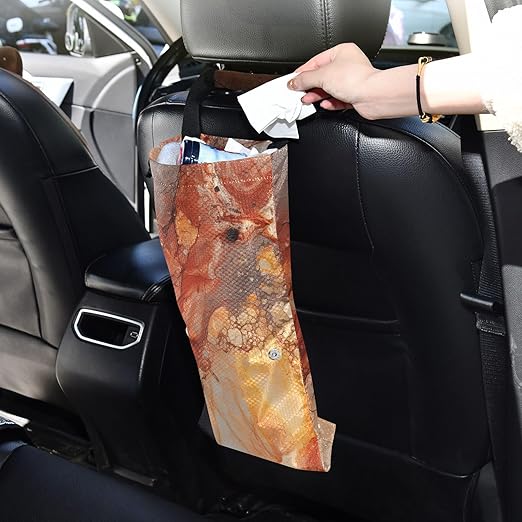 ALAZA Hanging Car Trash Bags Garbage Bag Trash Can for Back Seat Small Marble Orange Washable Storage Bag Retractable 2 Pack