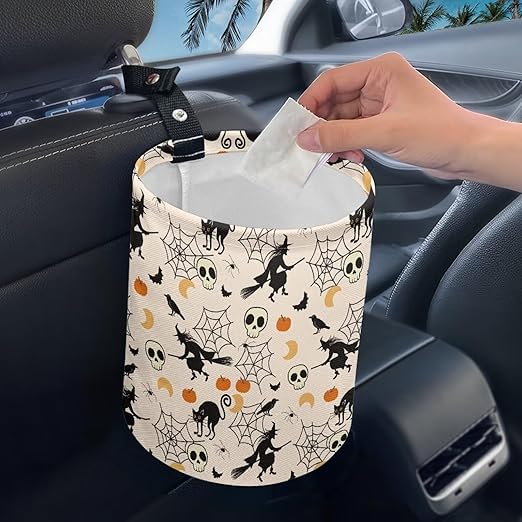 Brosoneto Halloween Skull Spider Web Trash Can - Cartoon Garbage Bin Decoration for Car Interior, Front Seat, Back Seat, Floor, Headrest - Universal Fit for SUV Trucks