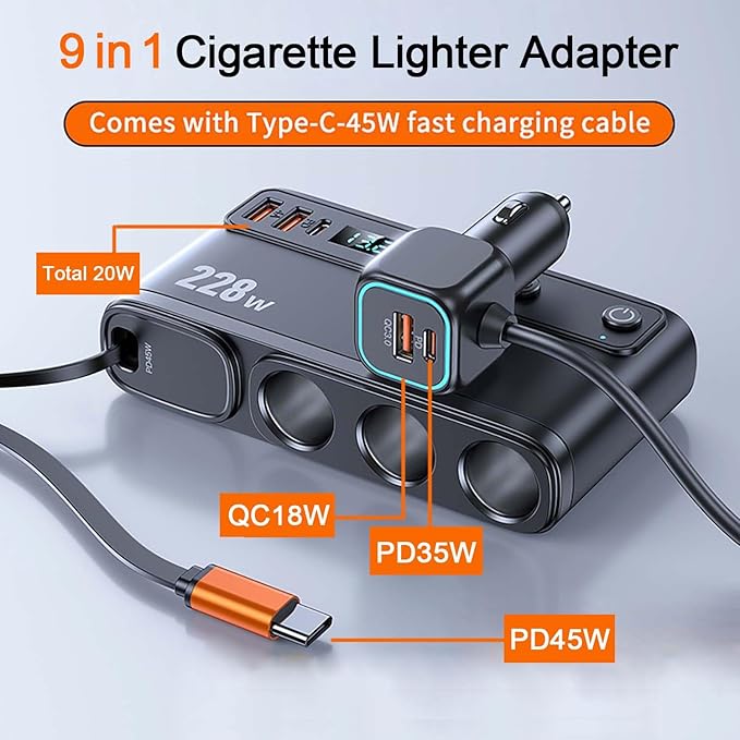 Cigarette Lighter Adapter with Retractable Car Charger,45W USB C Car Accessories 3 Socket Heavy Duty Truck Car Plug Outlet Splitter Fast Charging 12V/24V Independent Switch Multi Port for Car Devices
