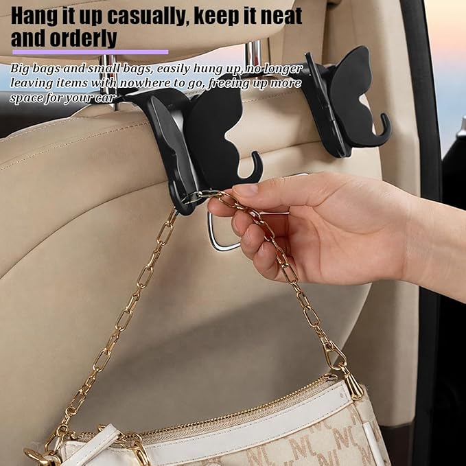 2PCS Car Seat Headrest Hook, Cute Butterfly Backseat Storage Hanger Organizer for Purse Handbag Umbrella, Auto Interior Seat Back Hook Holder Decor, Universal for SUV Truck Van (Black)