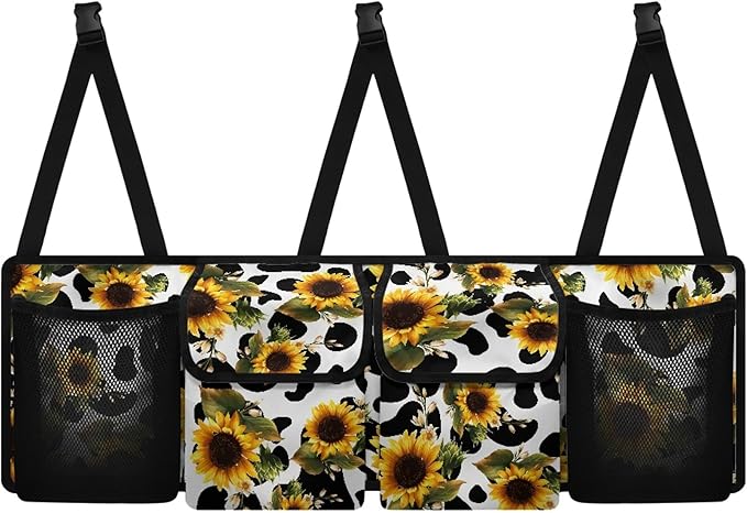 CLOHOMIN Cow Print Trunk Organizer for Car Sunflower Trunk Organizers for SUV Truck Van Collapsible Trunk Storage Organizer Backseat Hanging Car Organizer with 4 Pockets