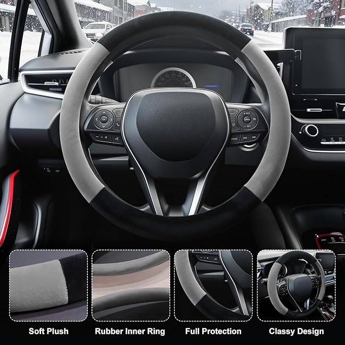 SEG Direct Car Steering Wheel Cover for Prius Civic Model 3 Model Y Camaro, Small Size 14-14.25 inch, Warm Plush, Summer Winter, Black and Gray