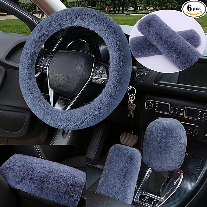 1 Set 6 Pcs Fluffy Car Steering Wheel Cover & Seat Belt Shoulder Pads & Handbrake Cover & Gear Shift Cover Set & Seat Belt Shoulder Pads Faux Wool Universal Fit Car Interior Accessories (Grey)