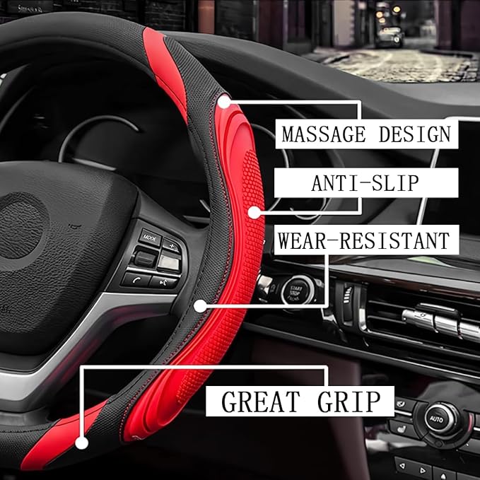 15 Inch Car Leather Steering Wheel Cover, Automotive Accessories Elastic Breathable Anti-Slip Soft Wheel Protector Fits Men and Women, Suitable for SUVs, Trucks, Vehicles and RVs (Red)