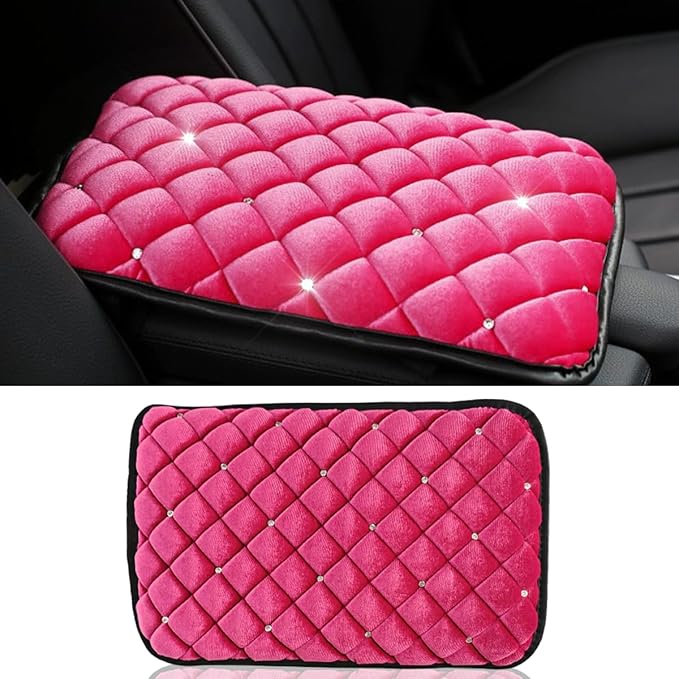 Plush Car Center Console Pad, Bling Diamond Car Armrest Cover, Soft Seat Box Cover Protector, Universal Car Interior Decoration Accessories Fit Most Vehicle, SUV, Truck, Car (Pink)