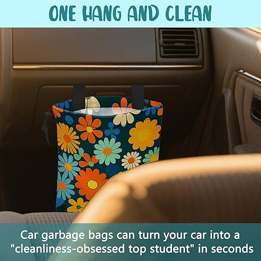 KXWQTRDD Car Trash Bag Colorful Daisy Flowers Leak-Proof Car Garbage Bag with Drawstring Foldable Canvas Trash Bin with Adjustable Buckle for Car Accessories, Travelling, Camping