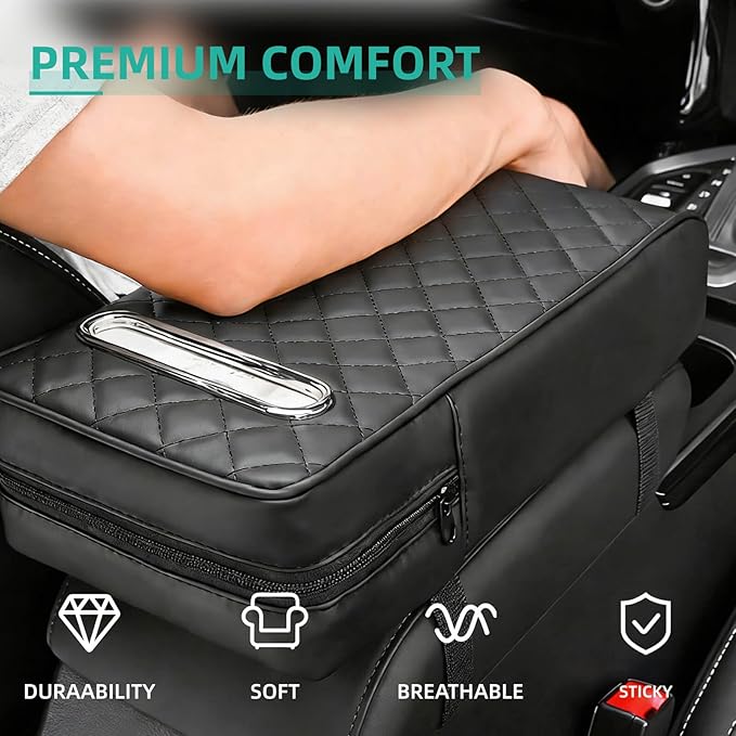 Upgrade Car Center Console Armrest Pad for Toyota RAV4 2026-2012 Models, Comfortable Memory Foam Cushion Cover with Tissue Box & Side Storage Bag, Premium PU Leather 3-in-1 Car Armrest Cover(Black)