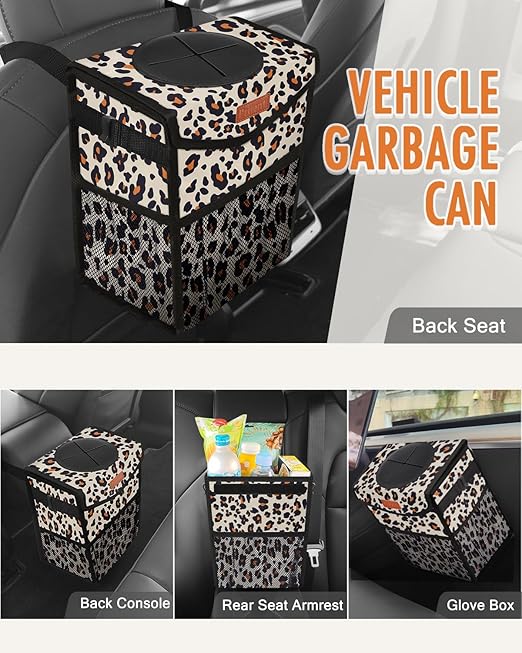 Pritent Car Trash Can with Lid, Cute Leakproof Car Trash Garbage Bag Hanging Vehicle Trash Bin Small Portable Automotive Garbage Cans Organizer for Back/Front Seat(Trapezoid,Leopard