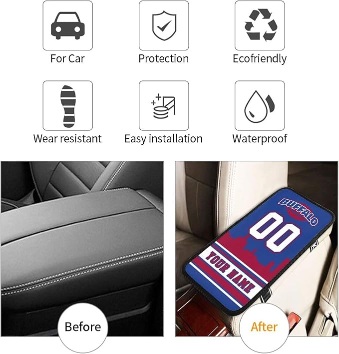 Custom Buffalo Car Armrest Covers Personalized Football Style with Name Number Customized Auto Center Console Pad Car Handrail Box Cushion for Most Vehicle Decor Accessories, Fans Gift